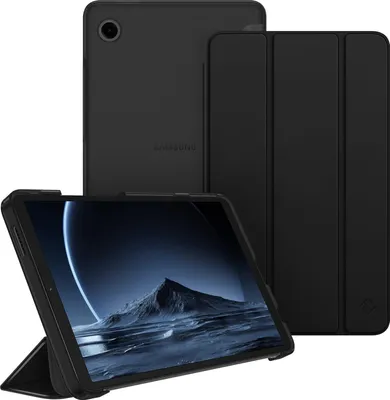 A black tablet case with a Samsung tablet inside, displayed at an angle.