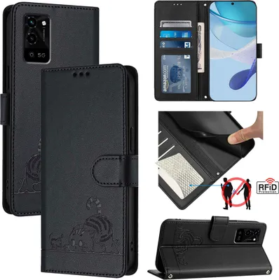 Image de Housse en cuir pour Oppo A54 4G/A54S/A55 5G/A16/A16s/A55s 5G/A53s 5G/A56 5G Mignon chat Flip Case Portefeuille Housse de protection avec fonction stand noir