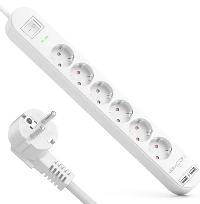 Produktbild von deleyCON 5m 6 Fach Steckdosenleiste mit USB Stromleiste 6x Schutzkontaktbuchsen 2x USB-A Ladebuchse für z.B. Handy & Tablet Überspannungsschutz EIN/AUS Schalter Weiß