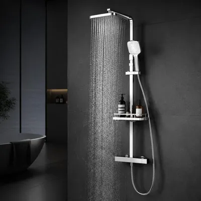Image de Système de douche thermostatique, étagère de douche chromée, barre réglable, pomme de douche de pluie et douchette à main