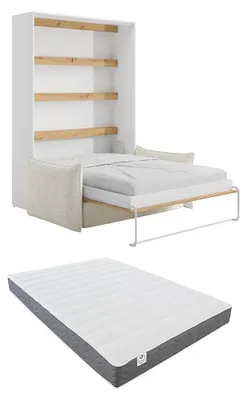 Produktbild von Schrankbett 140 x 200 cm - Manuelles vertikales Öffnungssystem - Mit LEDs - Weiß und Natur + Sofa + Matratze - RAPILI