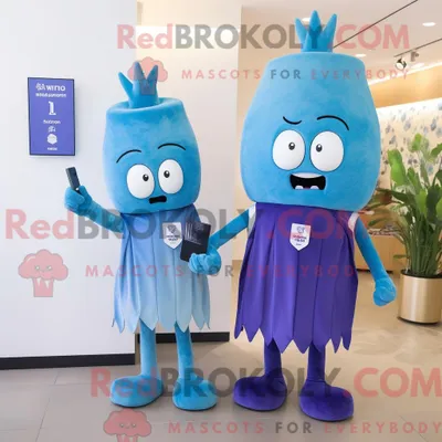 Produktbild von Maskottchenfigur REDBROKOLY einer blauen Rübe mit Etuikleid und Digitaluhren