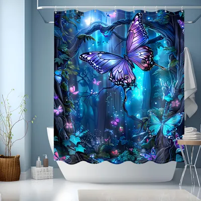 Produktbild von Blauer Duschvorhang, 150 x 180 cm, farbenfroher Badvorhang mit Motiv für Badezimmer und Badewanne, wasserdicht und schnelltrocknend, inklusive 12 Duschvorhangringen