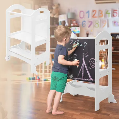 Produktbild von Joyz 2in1 Lernturm für Kinder ab 1 Jahr, Weiß, Montessori Lernturm mit Tafel, Tritthocker Verwandelbar in Kindertisch und -Stuhl