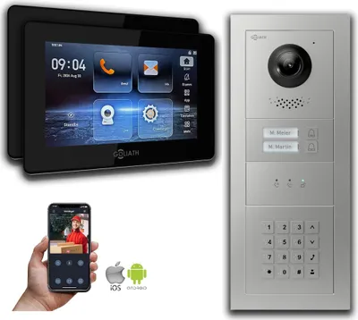 Produktbild von Goliath IP Video Türsprechanlage: 7-Zoll 2 Familienhaus, Zahlencode, Anzeige, Silber : 7 Zoll Schwarz : 4er POE : Unterputzdose Anschluss: 4er POE Monitor Farbe: 7 Zoll Schwarz Montage: Unterputzdose