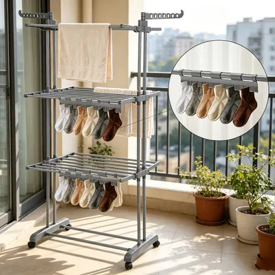 Produktbild von 4 Ebenen Klappbar Wäscheständer Turm,Upgrade Wäschetrockner mit 3 Sockenhaltern,Edelstahl Standtrockner Wäscheturm für Innen/Außen 170x75x49cm Grau