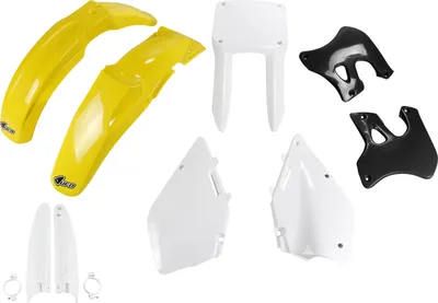 Produktbild von Verkleidungskit UFO PLAST 9-teilig Verkleidungssatz Kunststoff mit Gabelschutz für Suzuki RM 125 / 250 ccm Bj. 1996 - 1998, Farbe:weiß / gelb / schwarz