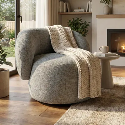Produktbild von Drehsessel MAO 360° drehbar - Moderner Komfortsessel Relaxsessel Lesesessel mit Chenille Bezug, Drehbarer Design Sessel in Hellgrau
