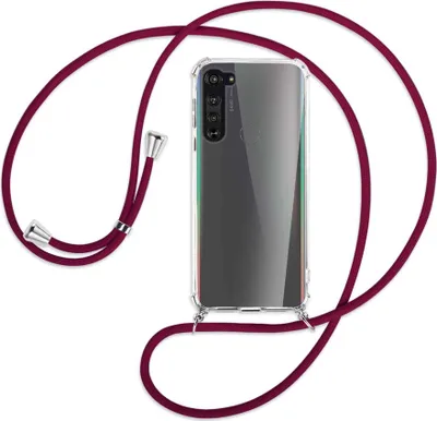 Produktbild von Handykette Backcover-Schutzhülle mit Band (Metall silberfarben) für Motorola Edge - dunkelrot