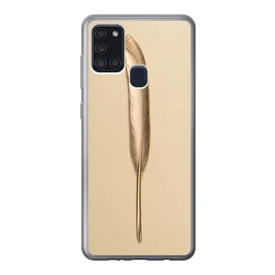 Produktbild von MuchoWow® Handyhülle Schutzhülle Hülle für Samsung Galaxy A21s Gold bemalte Feder auf einem goldenen Hintergrund Silikon Softcase Handy Hülle - Hartschale