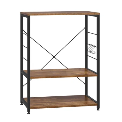 A three-tier shelving unit with a rustic wood grain finish and black metal frame.
