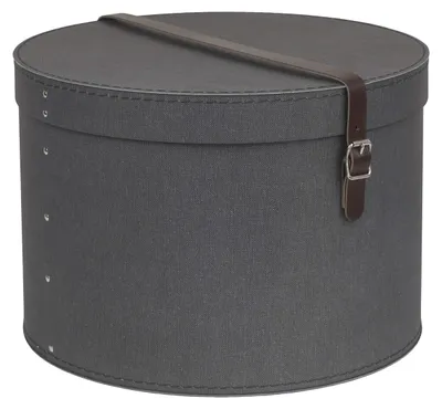 Produktbild von BIGSO RUT 2er-Set Aufbewahrungsbox mit Deckel – runde Ordnungsbox mit Lederriemen – große und kleine Hutschachtel aus Faserplatte und Papier in Leinenoptik – schwarz
