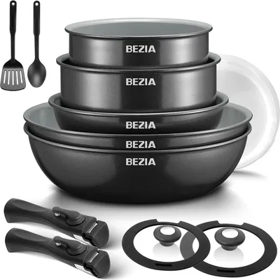 Image de Set de casseroles Rustive - Ustensiles de cuisine - Batterie de cuisine - Casseroles anti-adhésives - Avec revêtement céramique - Avec poignées amovibles - 13 pièces