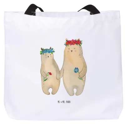 Produktbild von Mr. & Mrs. Panda Tote Bag Bären mit Blumenkranz - Weiß - Geschenk, Lieblingsmensch, Beutel, Mama, Strandtasche, Stoffbeutel, Familie, Tasche, Laptoptasche, Muttertag