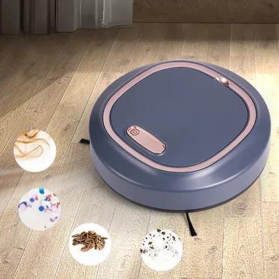 A robotic vacuum cleaner on a wooden floor, with circular insets showing different types of debris.