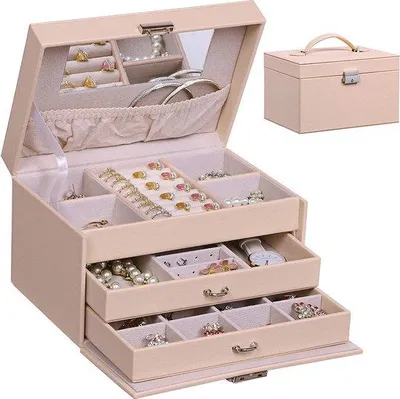 Imagen del producto de Organizador de joyas Unyqoos® con 24 compartimentos, joyero con cerradura y espejo, de cuero sintético rosa, 23 x 16 x 14 cm – ideal para anillos, pendientes, collares y pulseras