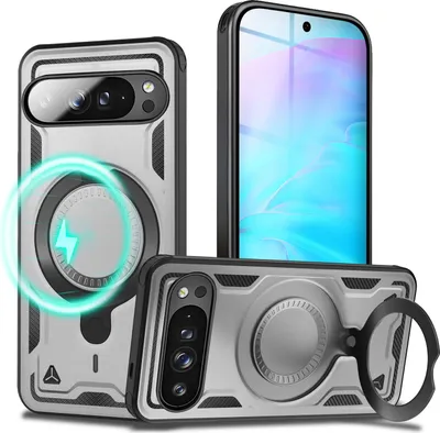 Three views of a phone case with a magnetic ring and a phone inside.