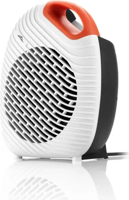 A white and orange portable fan heater is shown from a side angle on a white reflective surface.