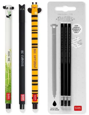 Produktbild von LEGAMI Set mit 3 radierbaren Gelstiften + 3 schwarzen Nachfüllminen, mit thermoempfindlicher Löschtinte, verschiedene Tintenfarben und Stift-designs, 0,7 mm Spitze, Panda-, Katzen- und Bienen-Design