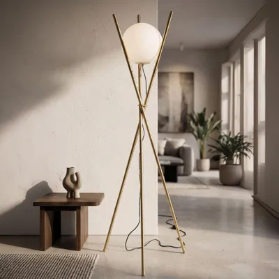 Obrázok produktu pre Stojacia lampa zo zlatého kovu s guľou z bieleho skla ø 55x155 cm