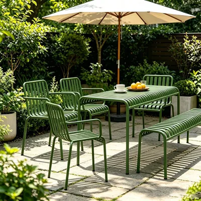 Produktbild von Outdoor Essgruppe Tisch- und Stuhlset aus Eisen – Gartenmöbel für Balkon, Terrasse, Outdoor-Café, Hotel, grün, 120 cm【HYZL1233】
