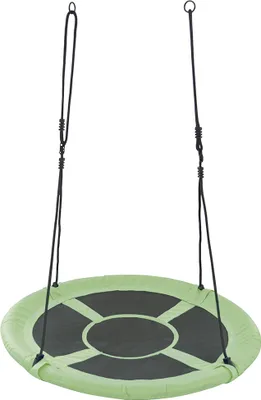 A round, green and black swing suspended by two black ropes against a white background.