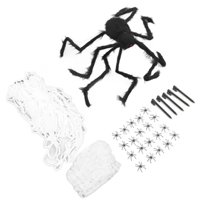 Produktbild von Spinnennetz- und Spinnen-Terror-Dekoration, weich, mit 40 g Baumwolle, weiß, schwarz, Requisiten für Halloween