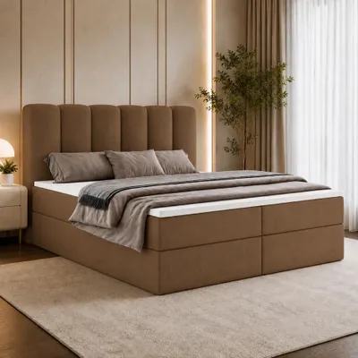 Produktbild von Boxspringbett NOLARO 180x200 cm Komplett-Set mit Bettkasten, Bonell-Matratze und Topper, Bouclé Braun