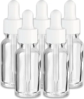 Produktbild von 5x Farblose Glasflasche 20 ml mit weißer Pipette Kosmetikverpackung
