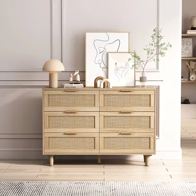 Produktbild von AIORBER Kommoden, Rattan,6 Schubladen,antiker Landhausstil,viel Stauraum,Sideboard, geeignet für Schlafzimmer,Wohnzimmer,110x40x75cm, Naturfarbe