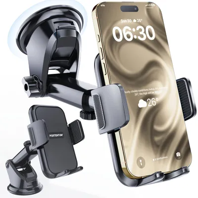 Immagine prodotto di PORTENTUM - Supporto per telefono da auto, ventosa rinforzata, modello 2026 – Rotazione a 360° e estensibile