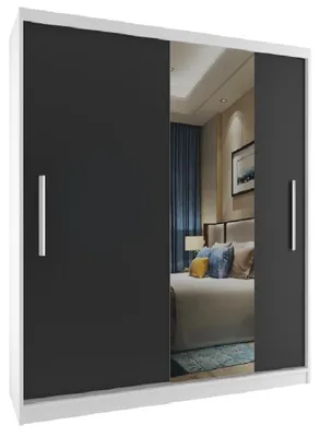 Image de BELINI Verona : Armoire coulissante de 158 cm, blanc/noir mat - Armoire avec miroir et penderie, idéale pour la chambre