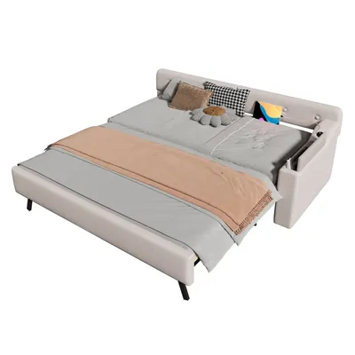 Produktbild von Schlafsofa,Daybett(Beige)Tagesbett,Schlafsofa mit Lattenrost, mit ausziehbarem Ausziehbett mit Klappstaufach, usb+type-c, Leinen