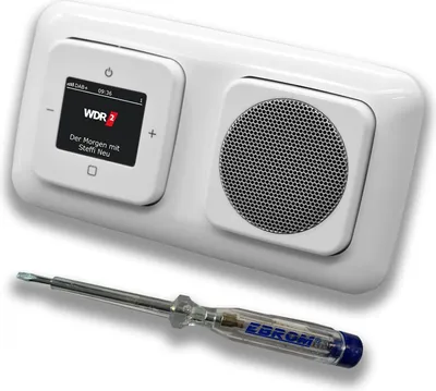 Produktbild von Busch Jäger DAB+ (DAB PLUS) Unterputz Radio 8215U-101 Reflex SI alpinweiß, Komplett-Set mit Lautsprecher, Abdeckungen und Rahmen + EBROM Phasenprüfer zur Montage der Geräte - 8215 U – 101