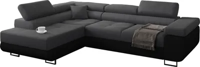 Produktbild von Ecksofa mit schlaffunktion und bettkasten, Sofa L-form, Couch L-form Webstoff Dunkelgrau + Schwarzes Ottomane Links