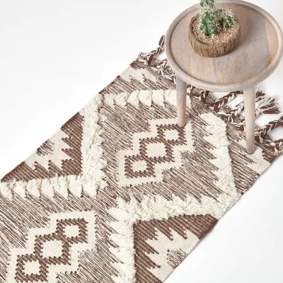 Obrázek produktu pro HOMESCAPES Ručně tkaný vlněný a bavlněný koberec Lhasa kilim, hnědá a krémová barva, 66 x 200 cm