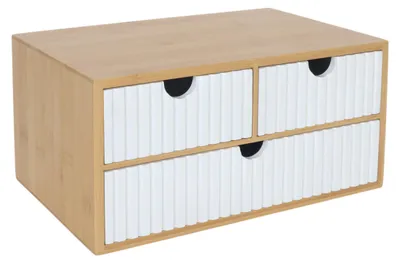 Produktbild von Relaxdays Schubladenbox, Bambus & MDF, 3 geriffelte Schubladen, HBT: 15 x 30 x 20 cm, Schreibtisch Organizer, weiß/natur
