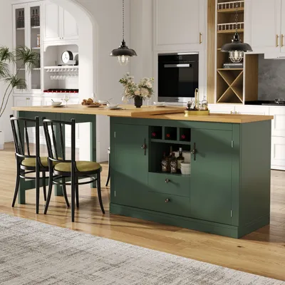Productafbeelding van Merax uitschuifbare barkruk met 6 lades, 360° draaibaar, dressoir met opbergruimte, verrijdbare barkruk, eettafel, bureau, woonkamer, groen