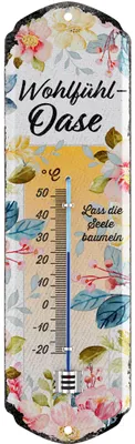 Produktbild von Retro Thermometer Wohlfühl-Oase Lieblingsplatz Blechschild Garten außen - Balkon Deko Garten Vintage Schilder aus Metall Wanddeko 8x28cm