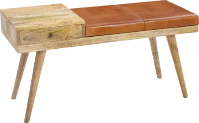 Sitzbank Retro mit braunem Ledersitz, Stauraum und Holzbeinen in Gesamtansicht.