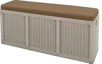 Produktbild von KRINES HOME Breite schmale Sitztruhe / Sitzbank mit Wäschefach aus Natur-Rattan mit gepolstertem Sitz (Weiss)