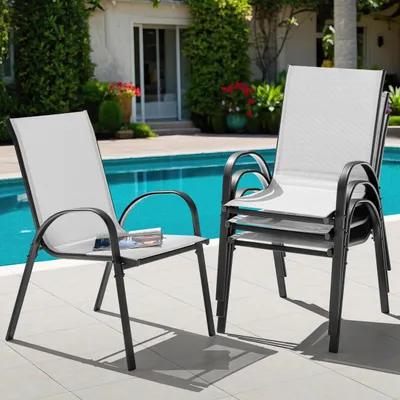Produktbild von Avestar Gartenstühle 4er Set, Stapelstühle, hochdichtes Textilene, wetterfeste Esszimmerstühle, Gartenmöbel mit Armlehnen, Grauweiß