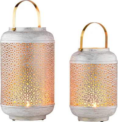 Produktbild von Marrakesch 2er Set Boho Deko Windlicht Laterne 30 & 23cm aus Metall rund| Teelichthalter als Tischdeko Wohnzimmer Deko | Kerzenhalter Windlichter Anago als Balkon & Garten Aesthetic Gartendeko