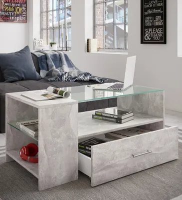Produktbild von VCM Holz Couchtisch mit ESG-Sicherheitsglas | Sofatisch mit ausreichend Stauraum | Maße ca. H. 45 x B. 100 x T. 50 cm | Wohnzimmertisch mit Schublade - Tindala