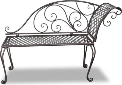 A metal garden bench with ornate scrollwork on a white background.