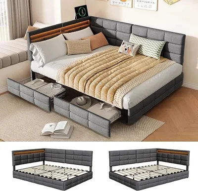 Productafbeelding van Polsterbed slaapbank 140x190 cm, Jugendbed (jongerenbed) 140x190 met LED-verlichting en USB-oplaadstation, Daybed (dagbed) met 2 lades, Kinderbed slaapbank gastbed bedframe met lattenbodem, linnen, zonder matras