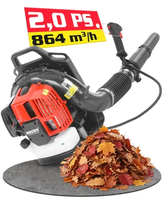 A leaf blower is shown next to a pile of leaves, with a promotional sign in the background.
