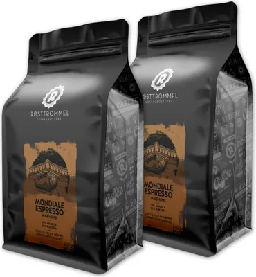 Produktbild von RÖSTTROMMEL Mondiale, ESPRESSO, Ganze Kaffee-Bohnen 2x1kg, 50% Arabica, 50% Robusta, Röstung 8/10, 50% Brasilien, 50% Indien, Geschmack: cremig - kräftig - Schokolade, nachhaltiger Spitzenkaffee