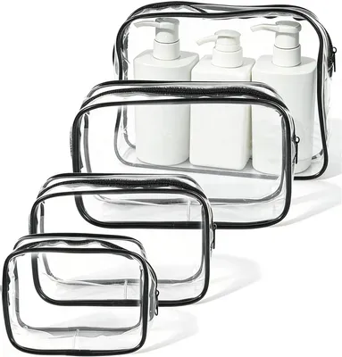 Image de Ensemble de sacs de toilette transparents, comprenant 4 pièces, étanches, de différentes tailles, idéal pour les voyages