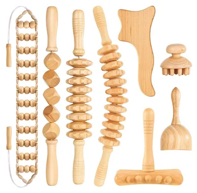 Produktbild von Holzmassage Set Massagegerät Rollmassage - 8-teilig - Buchenholz - Mit Aufbewahrungstasche